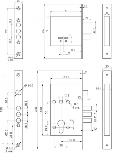 Комплект врезных замков BORDER Standart с ригелем 12 мм (ЗВ8-8У, ЗВ4-3/55), 3 кл. /76314+78931/